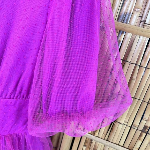 LULUS Dramatic Poise Hot Pink Dot Tulle Puff Sleeve Tiered Mini Dress XXS - Picture 6 of 16